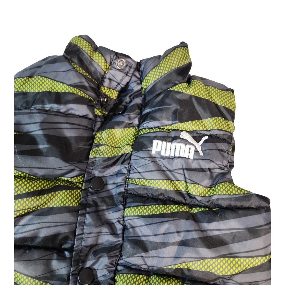 Puma Kids Puffer Vest Grey Lime Green Geometric‎ Print Snap Front Size 5